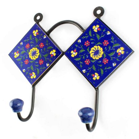 Navy Blue With Yellow Wheel Flower Ceramic Tiles Hooks 